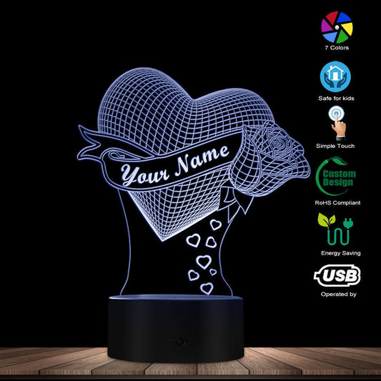 Loving Heart With Rose valentine gift Name 3D Table Lamp